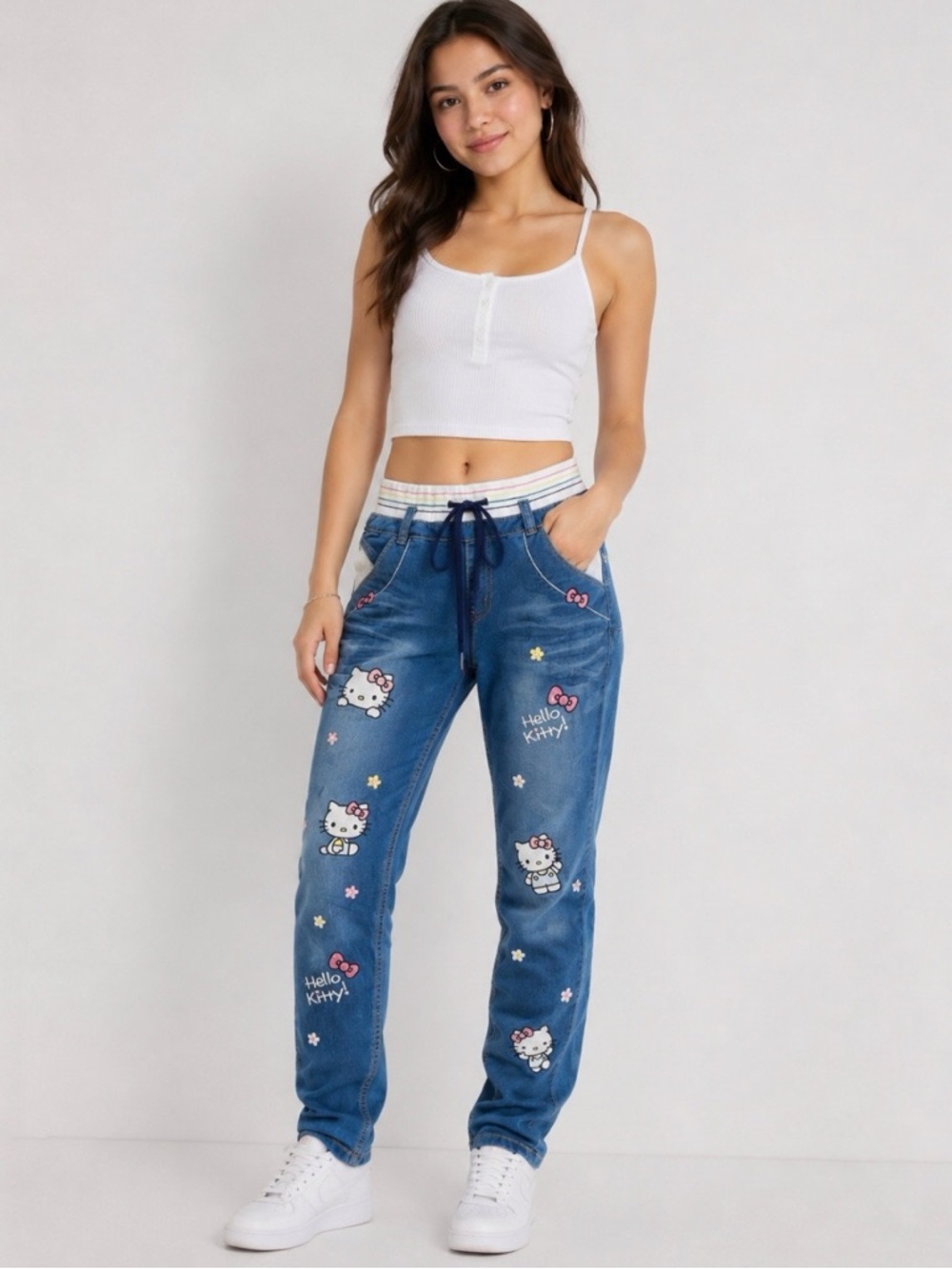 Hello Kitty embroidered skinny jeans drawstring pants kawaii juniors 7 medium